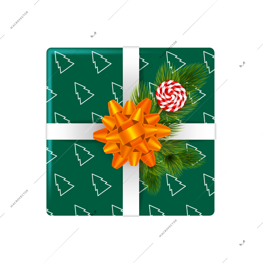 Christmas composition with isolated top view of wrapped gift box with colored ribbon and bow isolated vector illustration