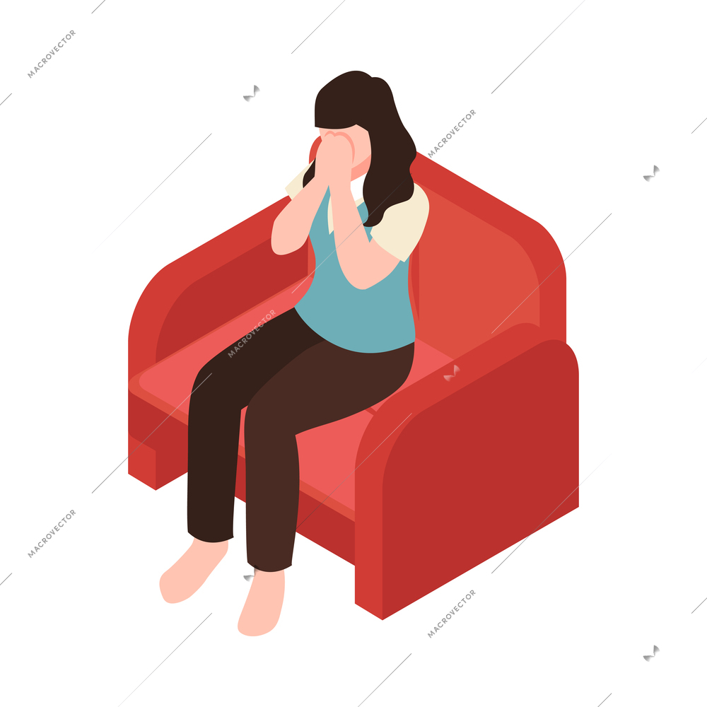 Isometric depression composition with isolated human character of affected person vector illustration