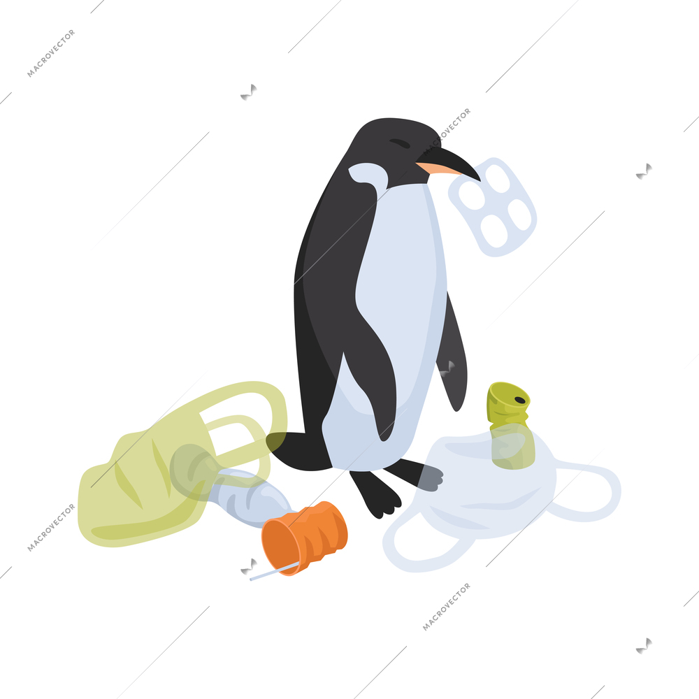 Isometric air pollution composition with isolated images of plastic waste with suffering sea animals vector illustration