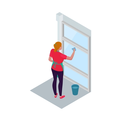 Isometric cleaning service housemaid composition with view of cleanup routines on blank background vector illustration