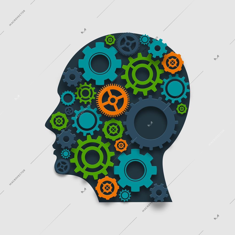 Human head made of colored gears brain thinking and creativity mechanism concept vector illustration