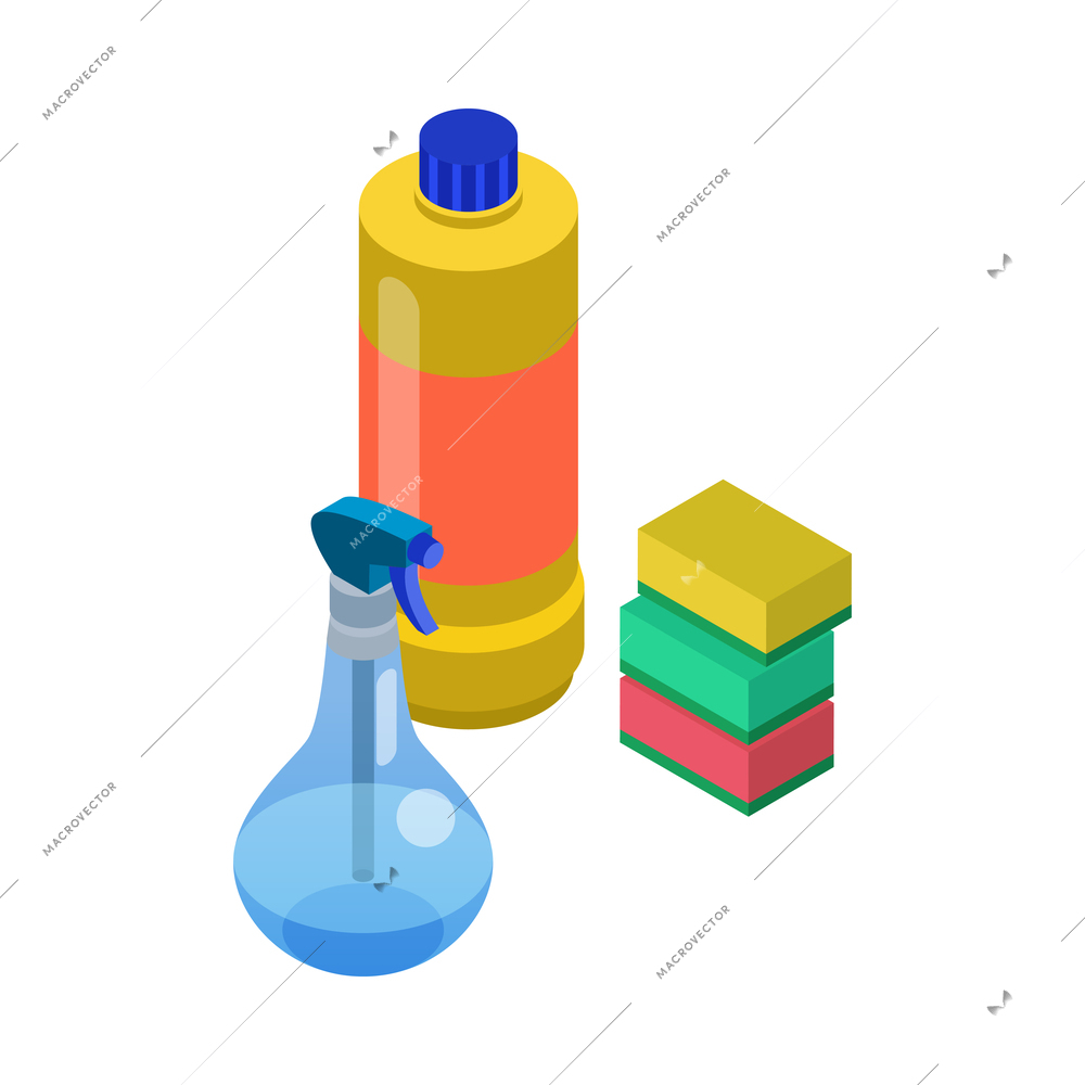 Isometric cleaning service housemaid composition with view of cleanup appliances on blank background vector illustration