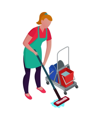 Isometric cleaning service housemaid composition with view of cleanup routines on blank background vector illustration