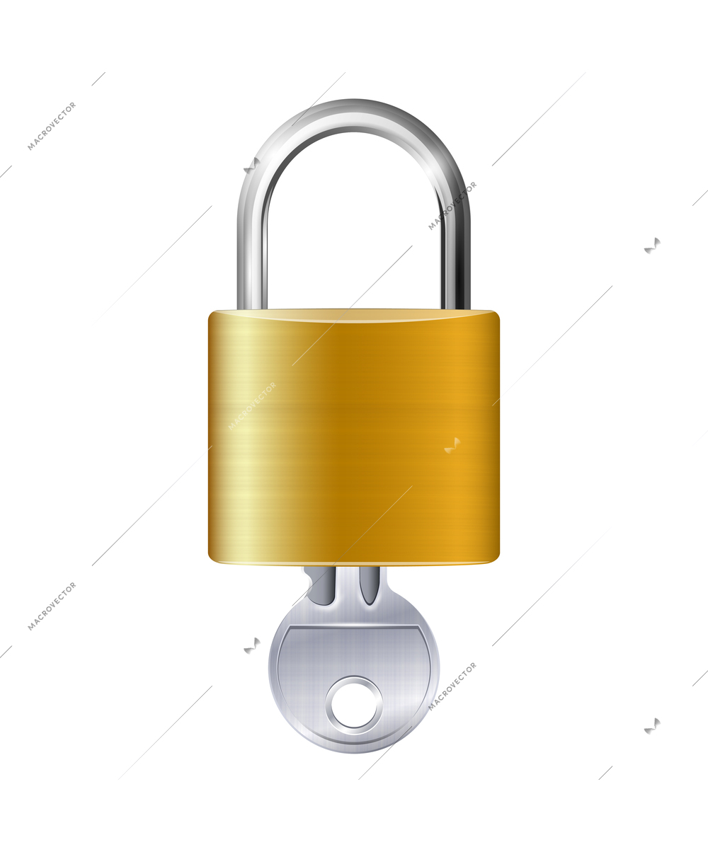 Realistic lock and key composition with isolated front view image on blank background vector illustration