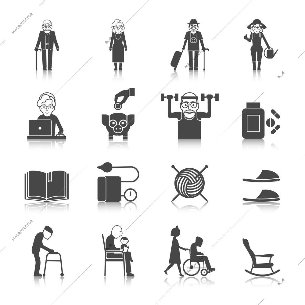 Senior lifestyle black icons set with old people with walkers glasses wheelchair isolated vector illustration