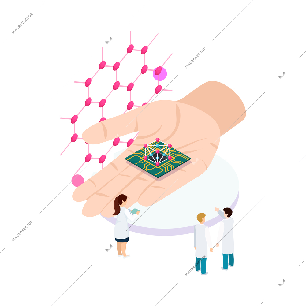 Nanotechnology isometric composition with icons of atoms lab equipment and human characters of scientists vector illustration