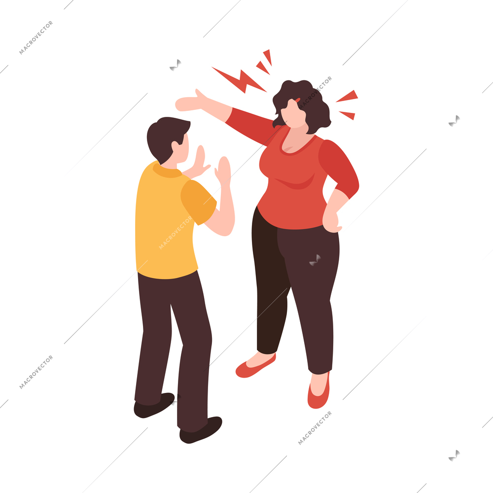Isometric partners husband wife conflict quarreling family domestic abuse composition vector illustration