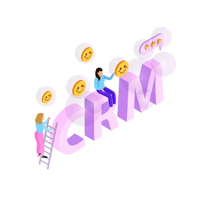 CRM customer relationship management isometric composition with conceptual icons of social networking with people vector illustration