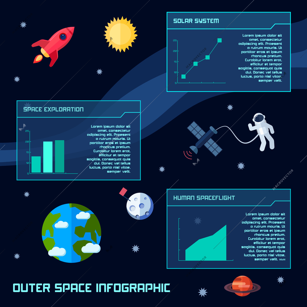 Space infographic set with astronomy galaxy observation symbols and charts vector illustration