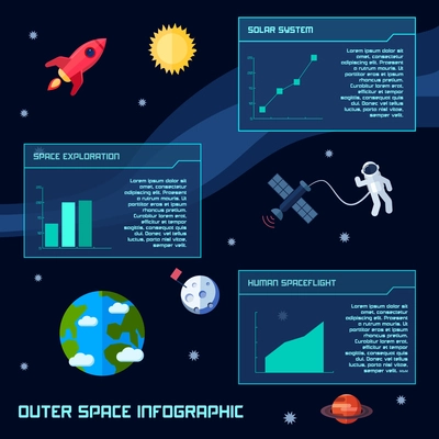 Space infographic set with astronomy galaxy observation symbols and charts vector illustration