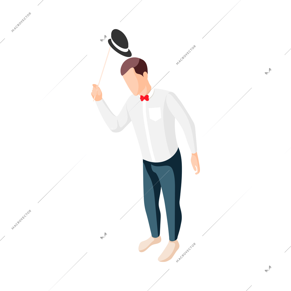 Photo booth props party isometric composition with human character wearing masquerade costume vector illustration