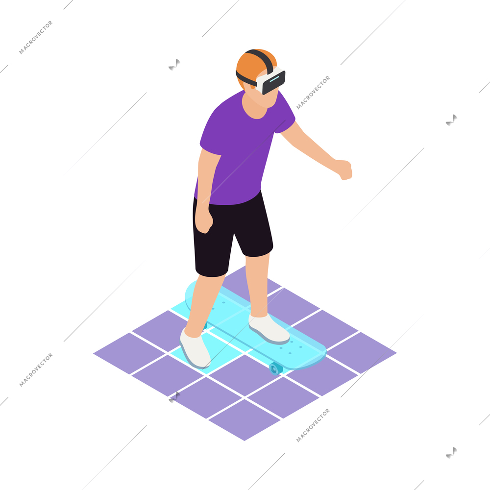 VR sports isometric icons composition with human character wearing helmet engaging sports activities vector illustration