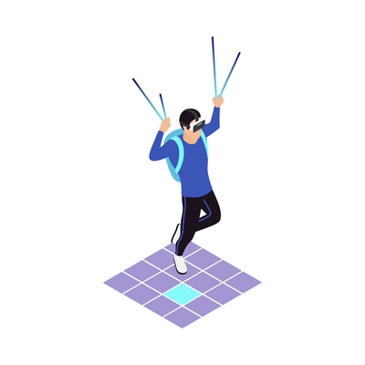 VR sports isometric icons composition with human character wearing helmet engaging sports activities vector illustration