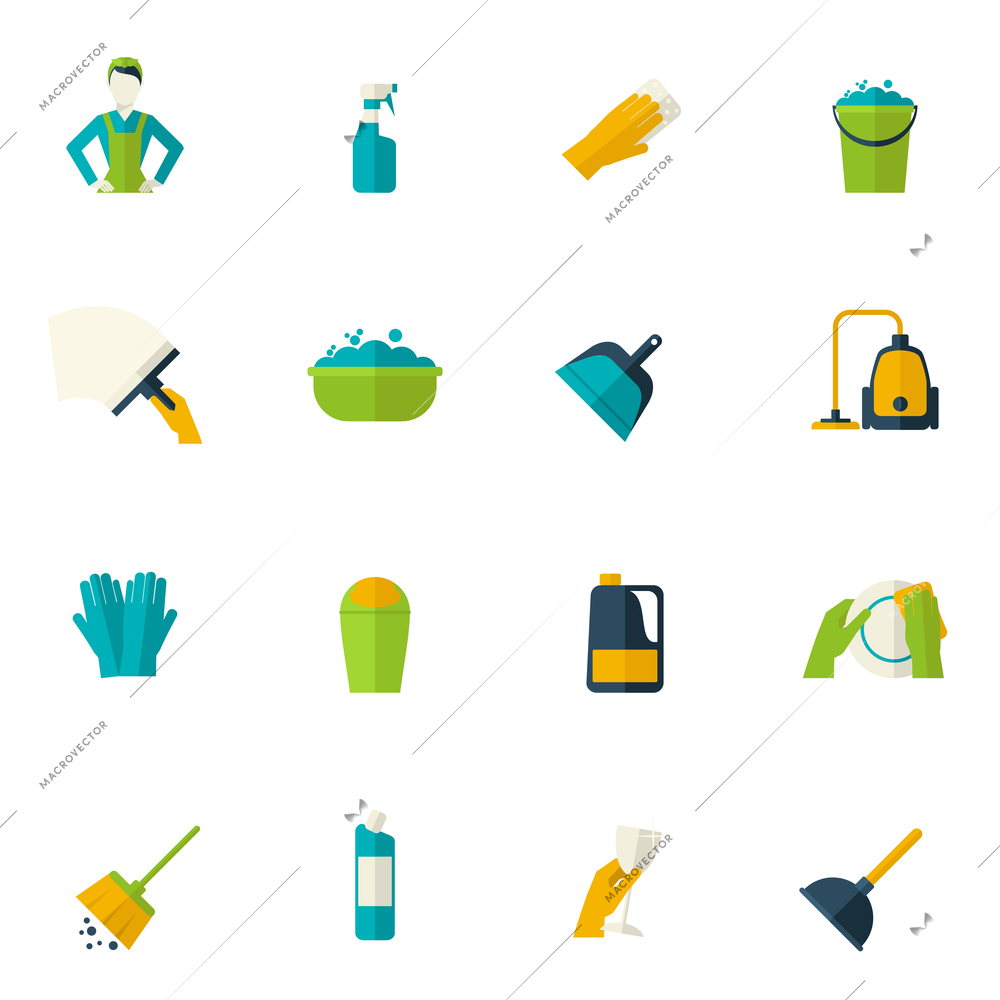 Cleaning icon flat set with maid bucket sponge gloves isolated vector illustration
