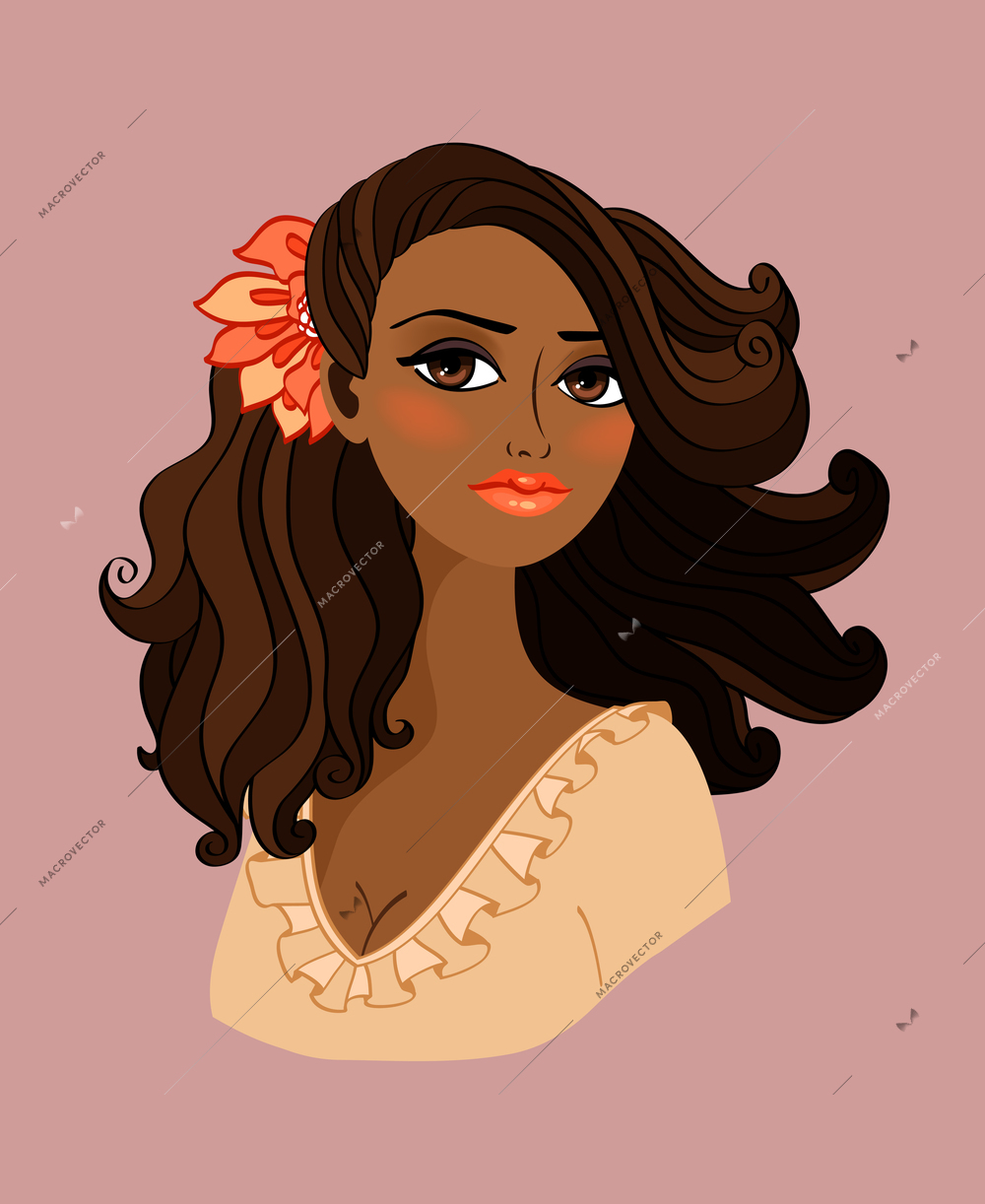 Black woman portrait with red flower in her hair isolated vector illustration