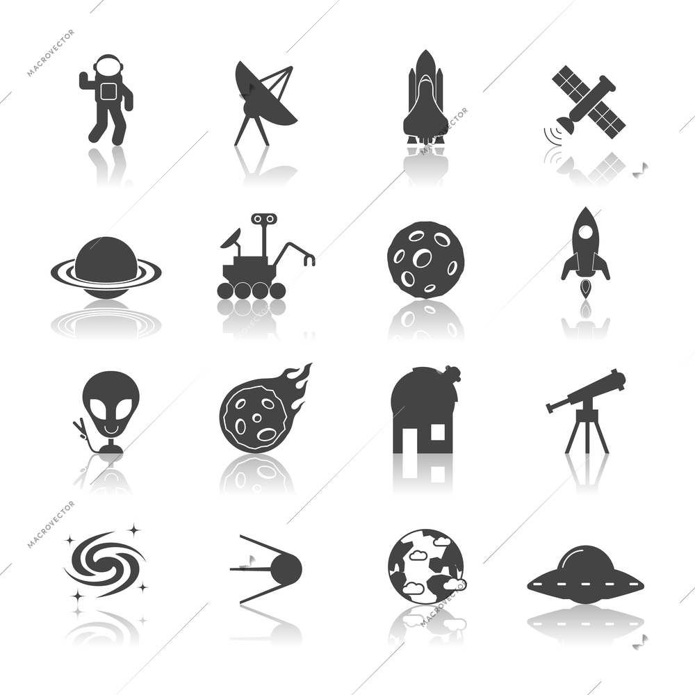 Space galaxy exploration icons black set with spaceship satellite astronaut shuttle isolated vector illustration