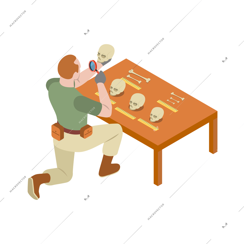 Archeology isometric composition with human character of archeologist at work vector illustration