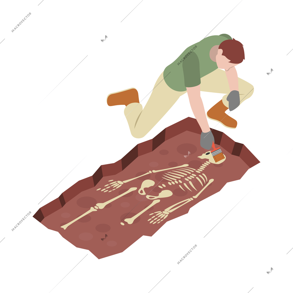 Archeology isometric composition with human character of archeologist at work vector illustration