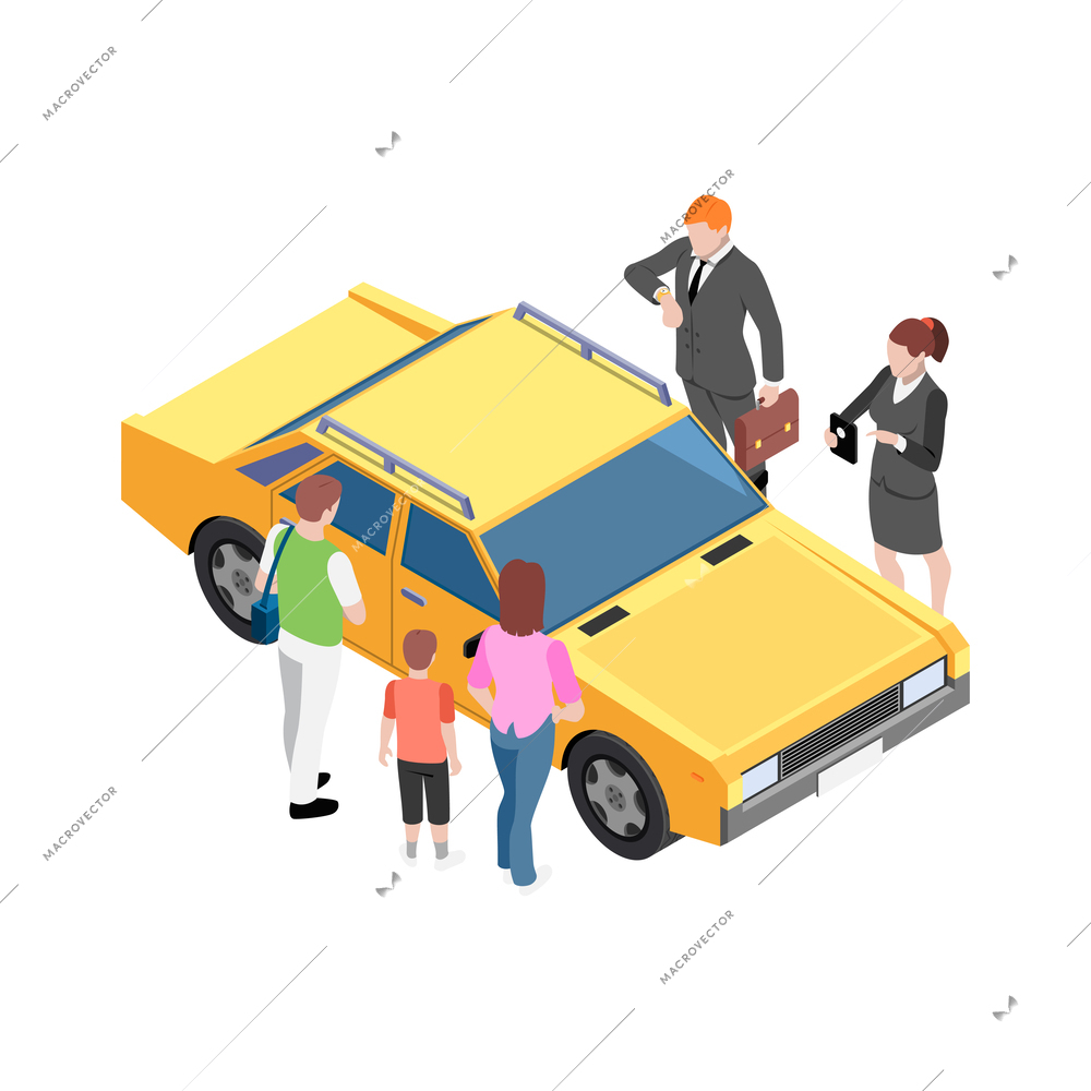 Carsharing carpooling ridesharing isometric composition with conceptual icons and human characters vector illustration