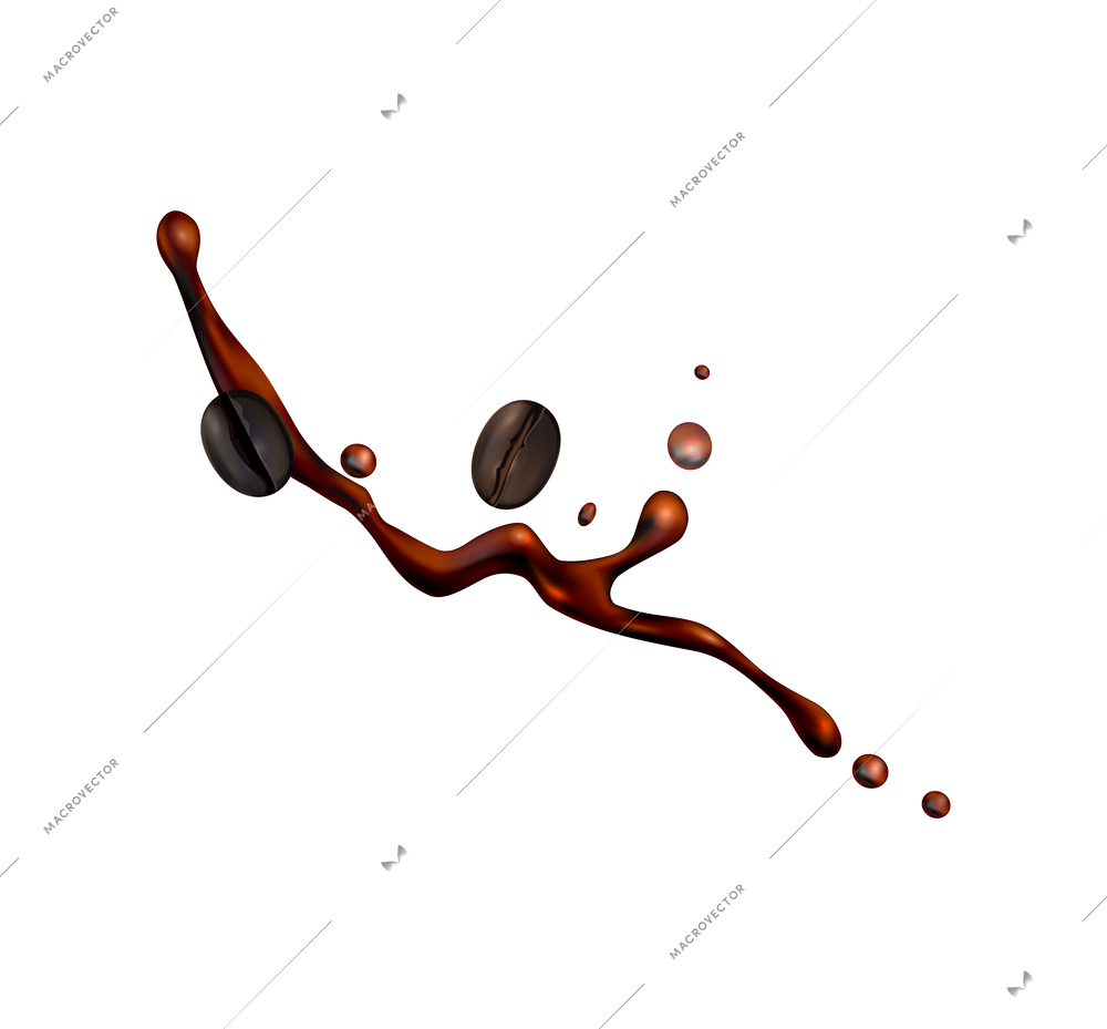 Coffee splashes realistic composition with liquid spray coffee bean images on transparent background vector illustration