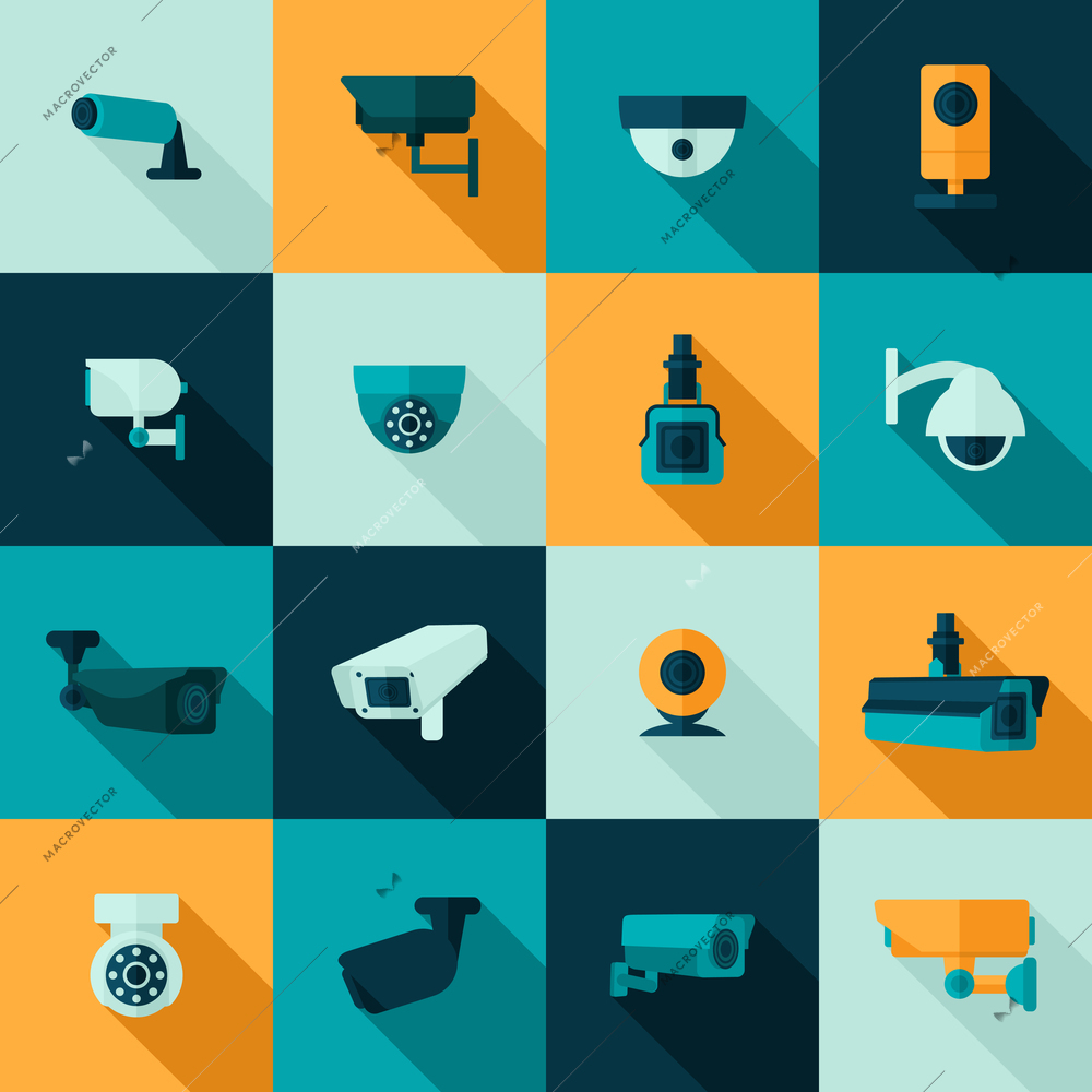 Security camera police video guard electronic icon set isolated vector illustration