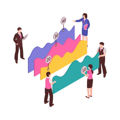 Isometric business analyst professional composition with conceptual financial analysis icons and people vector illustration