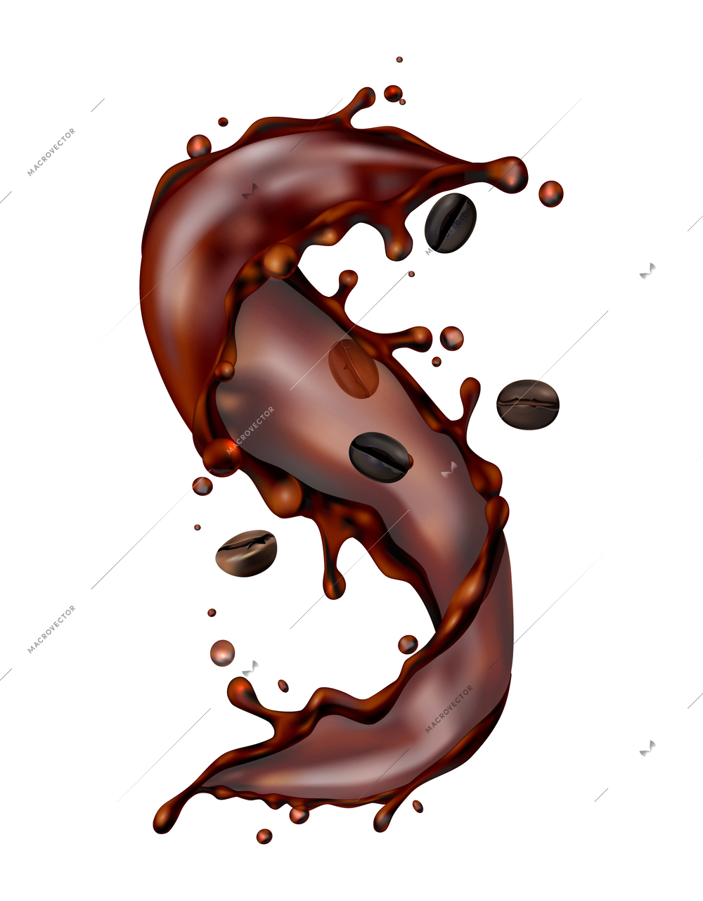 Coffee splashes realistic composition with liquid spray coffee bean images on transparent background vector illustration