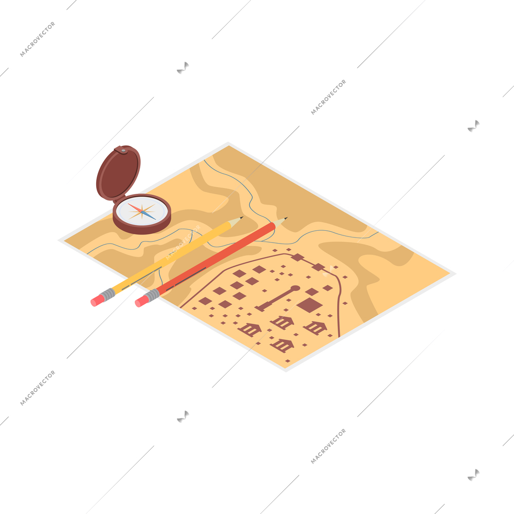 Archeology isometric composition with isolated images of essential tools on blank background vector illustration