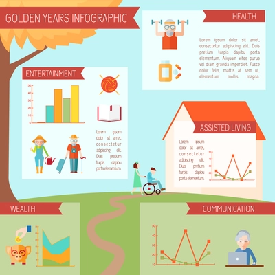 Senior lifestyle infographics with old people health symbols and statistics charts vector illustration