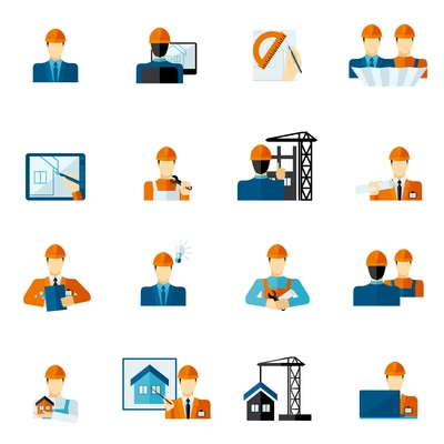 Engineer factory manufacturing service worker icons flat set isolated vector illustration