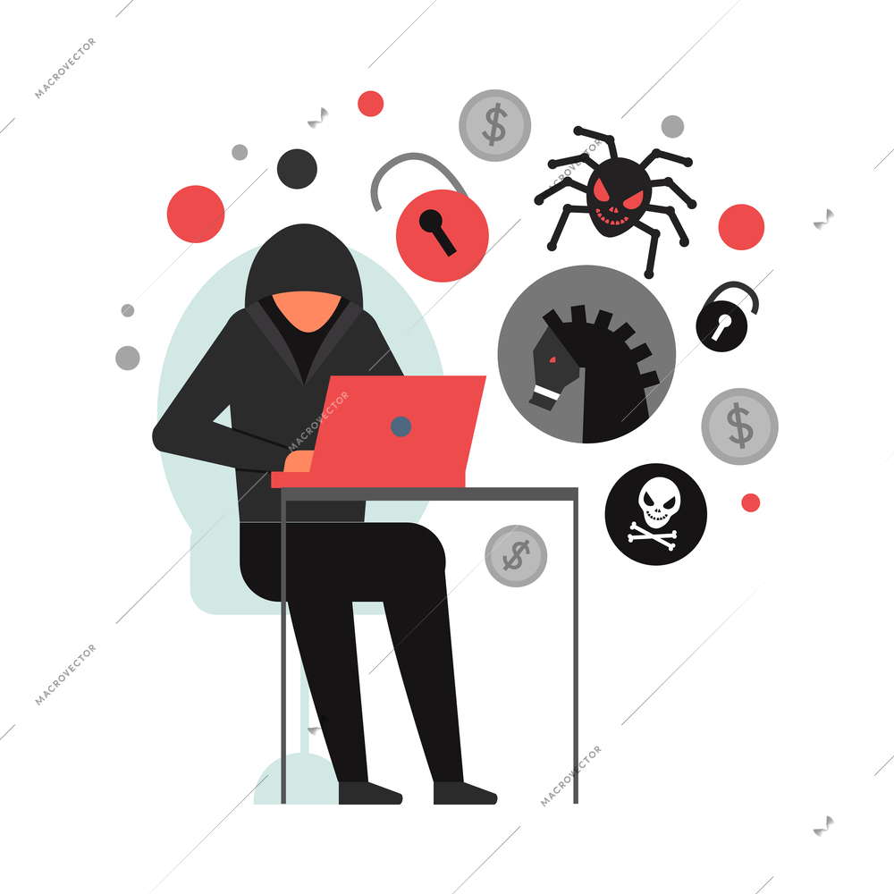 Hacker composition with conceptual icons of illegal cyber activity breaking account malware data stealing vector illustration