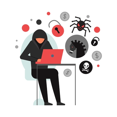 Hacker composition with conceptual icons of illegal cyber activity breaking account malware data stealing vector illustration