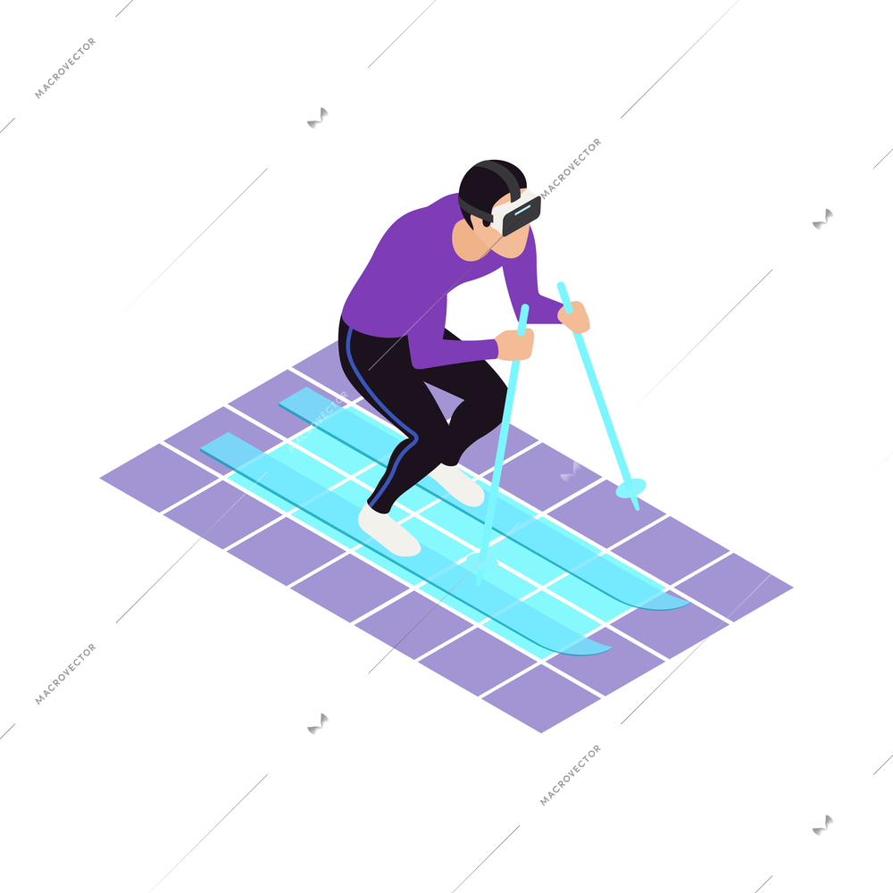 VR sports isometric icons composition with human character wearing helmet engaging sports activities vector illustration