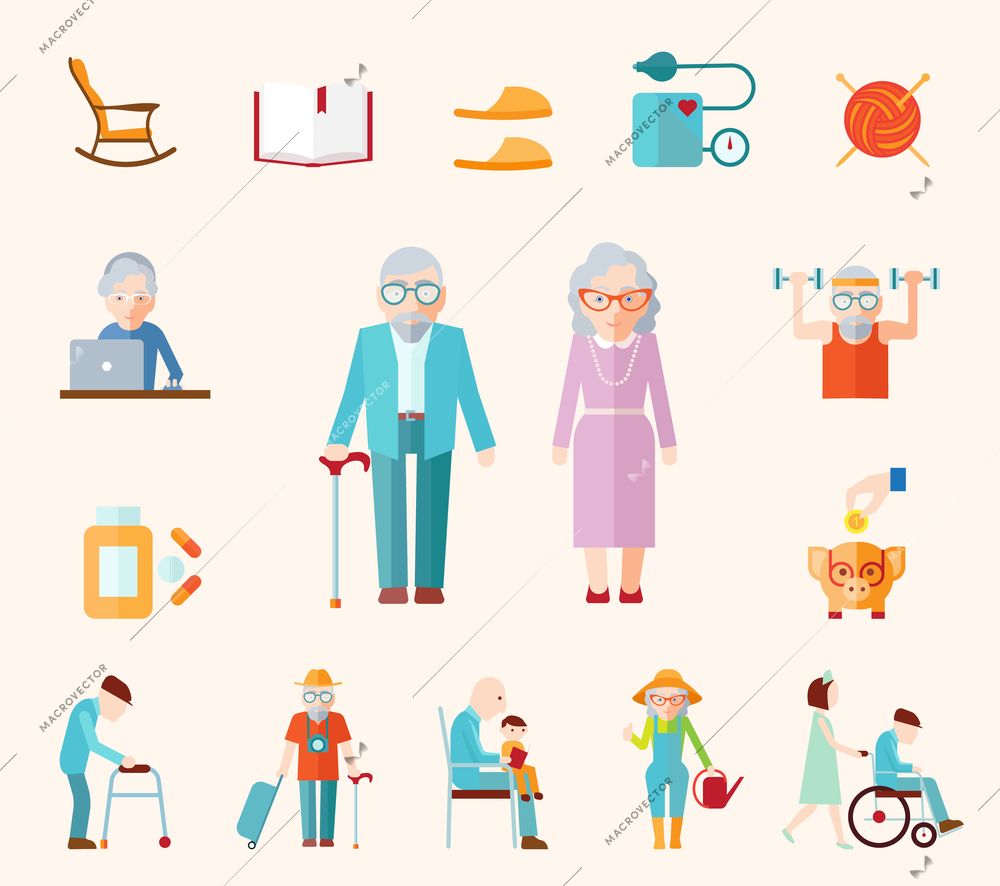 Senior lifestyle flat icons set with elderly family couple isolated vector illustration