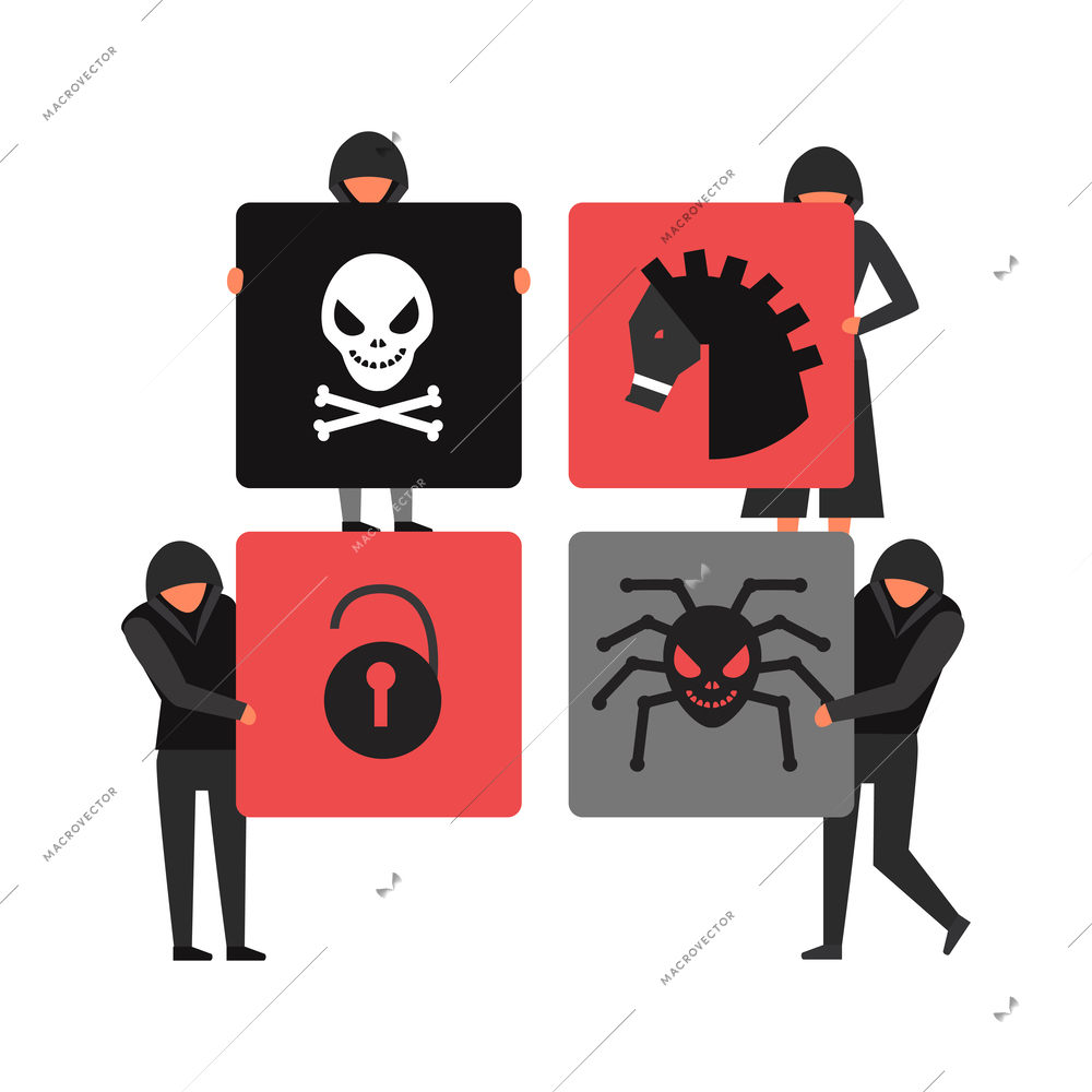 Hacker composition with conceptual icons of illegal cyber activity breaking account malware data stealing vector illustration