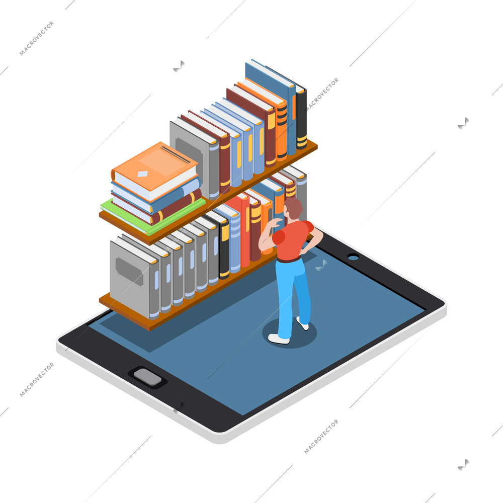 Reading and library isometric composition with reading information icons on blank background vector illustration