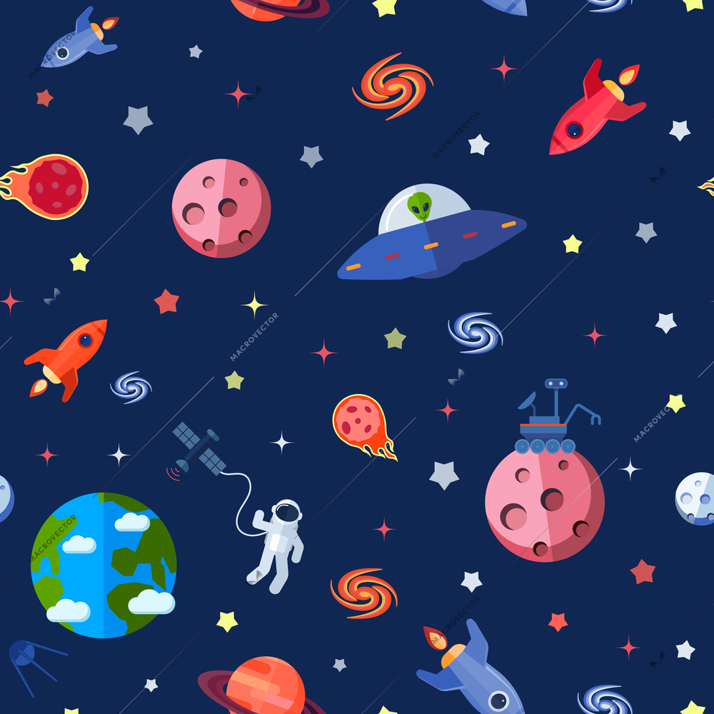 Space travel seamless pattern with meteorites rocket astronaut shuttle vector illustration