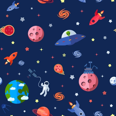 Space travel seamless pattern with meteorites rocket astronaut shuttle vector illustration