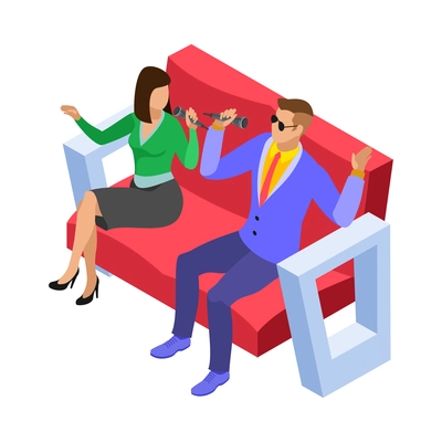 Karaoke isometric composition with isolated human characters of singing couple on blank background vector illustration