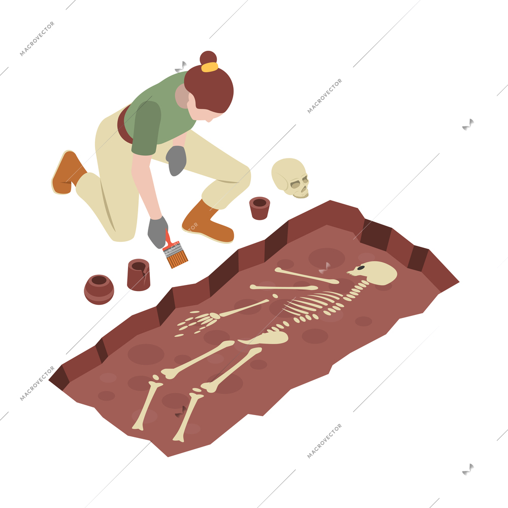 Archeology isometric composition with human character of archeologist at work vector illustration