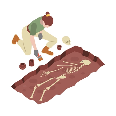 Archeology isometric composition with human character of archeologist at work vector illustration