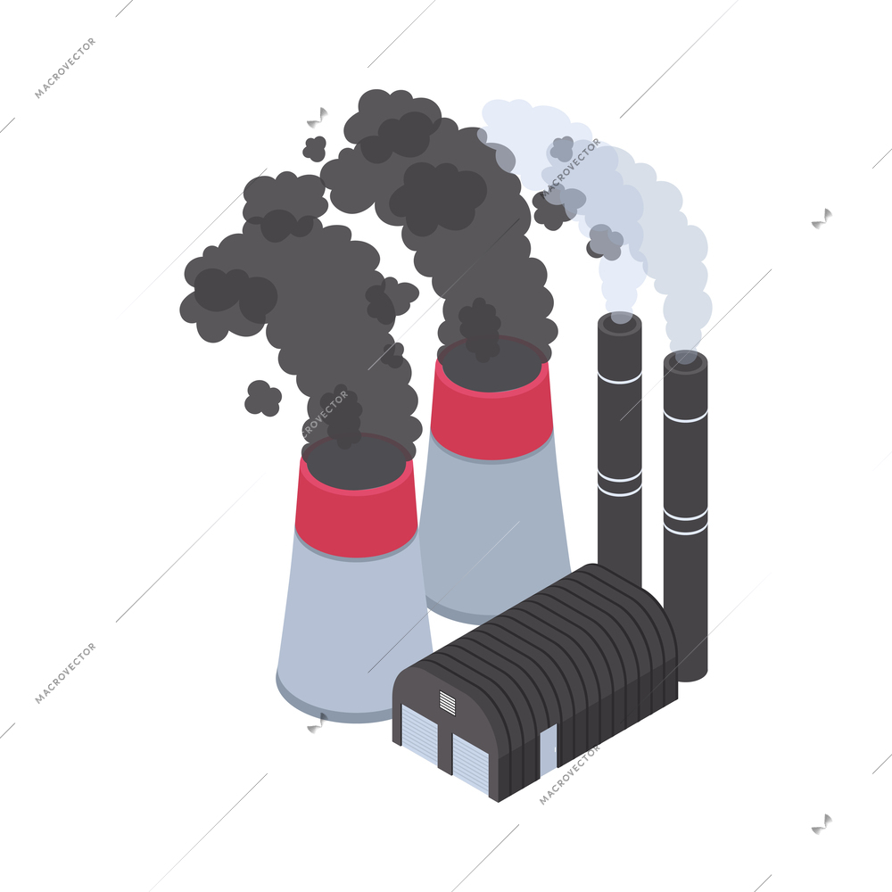 Isometric air pollution composition with isolated views of polluting environment with toxic waste vector illustration