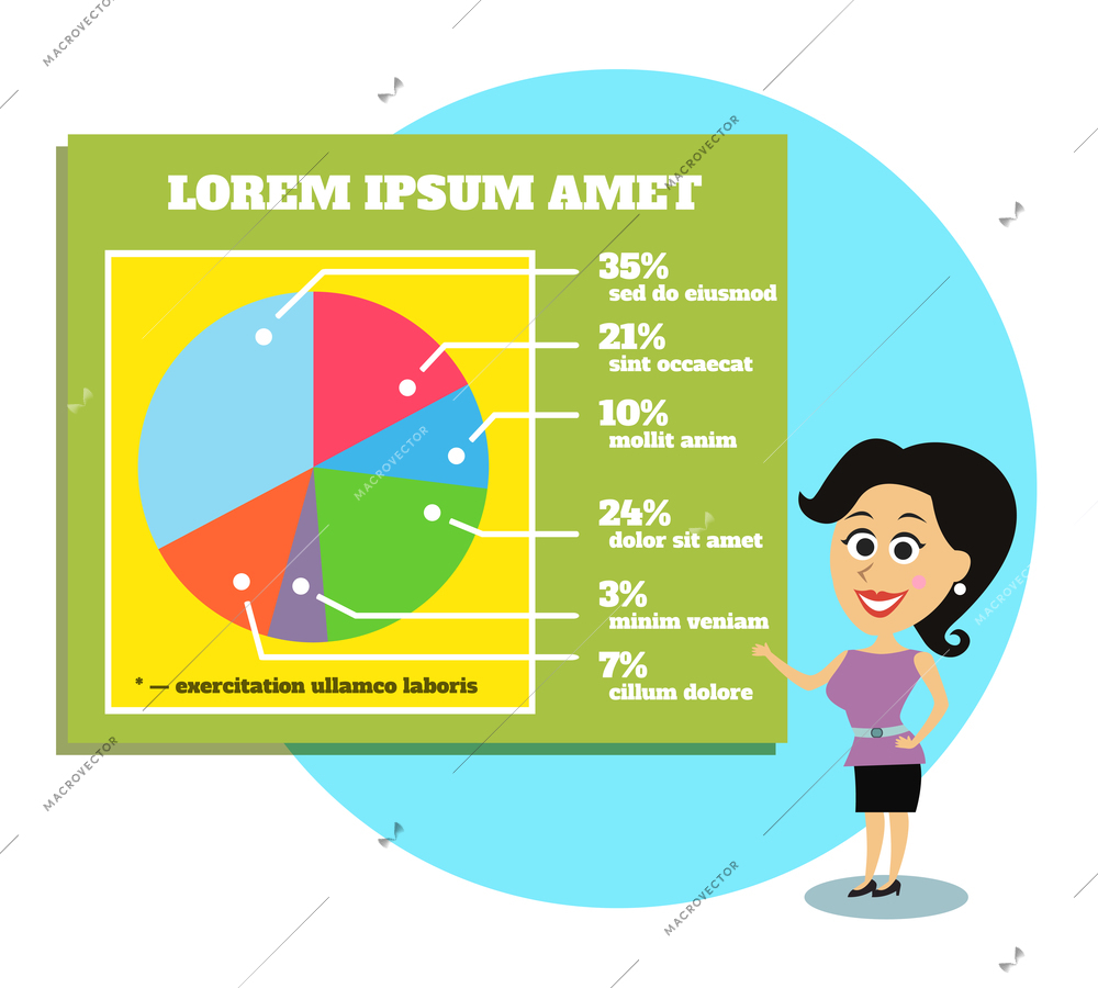 Business life. Businesswoman presenting graphs and charts vector illustration