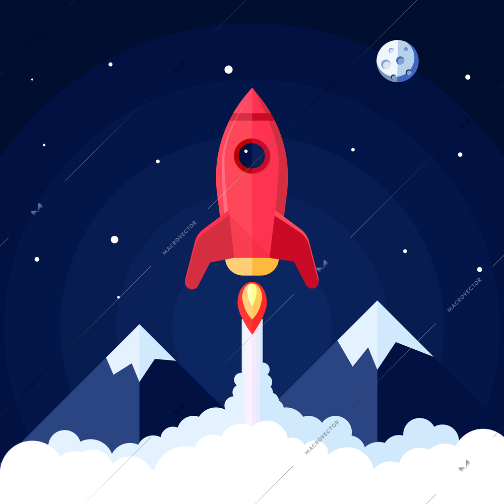 Space poster with rocket launch with mountain landscape on background vector illustration