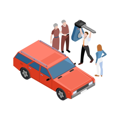 Carsharing carpooling ridesharing isometric composition with conceptual icons and human characters vector illustration