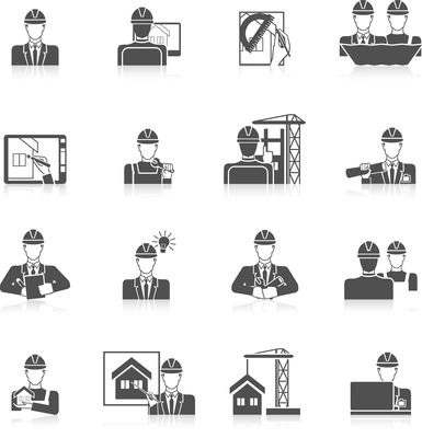 Engineer in factory and workshop industrial production icons set black vector illustration