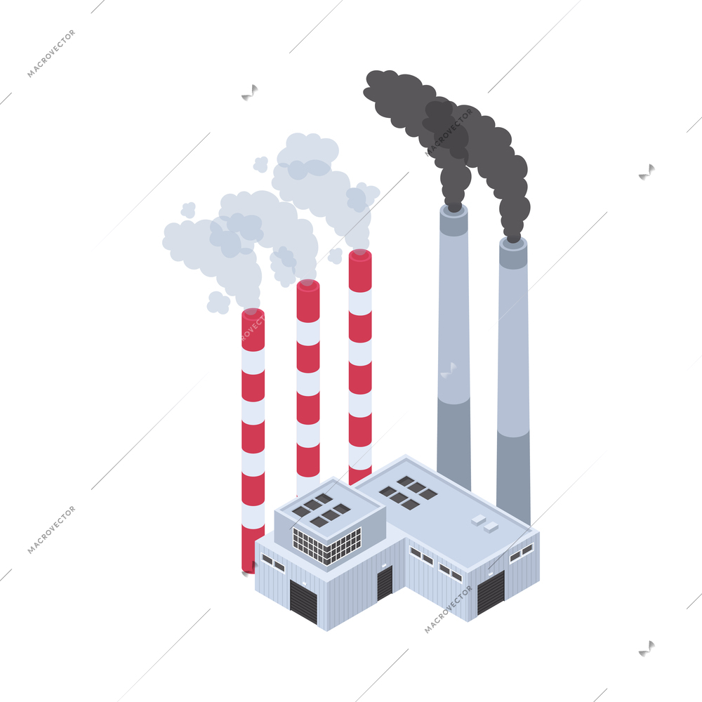 Isometric air pollution composition with isolated views of polluting environment with toxic waste vector illustration