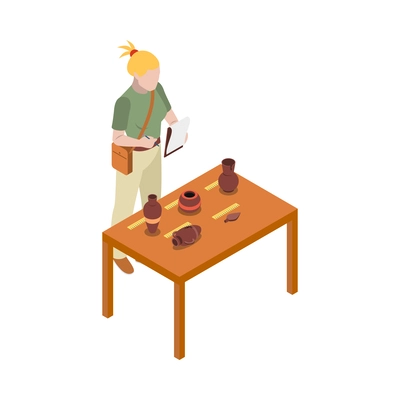 Archeology isometric composition with human character of archeologist at work vector illustration