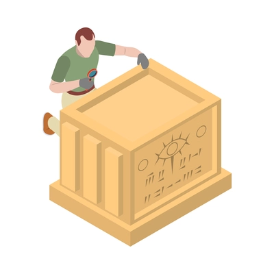 Archeology isometric composition with human character of archeologist at work vector illustration