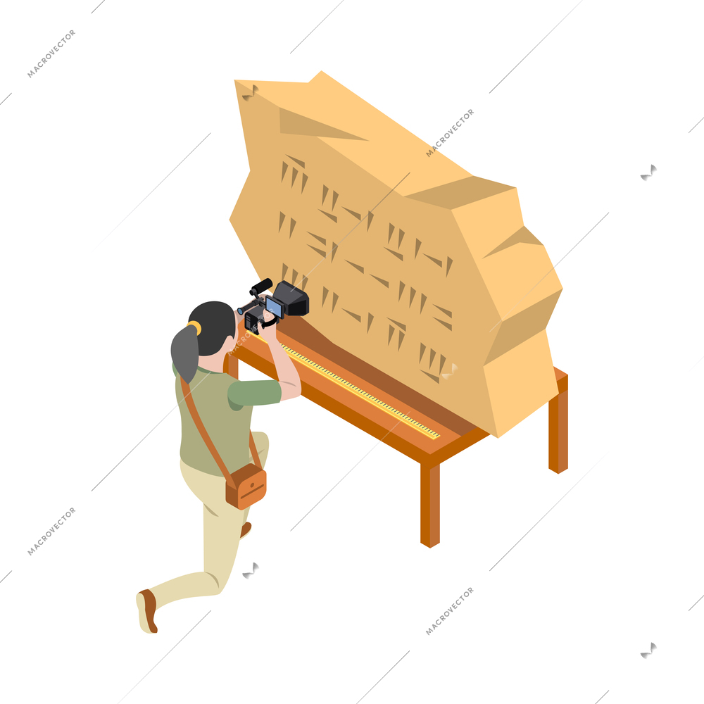 Archeology isometric composition with human character of archeologist at work vector illustration